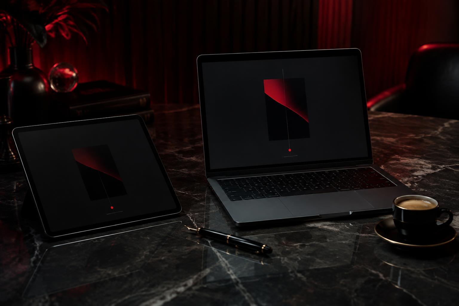 The digital journal open on a tablet and laptop on a marble desk