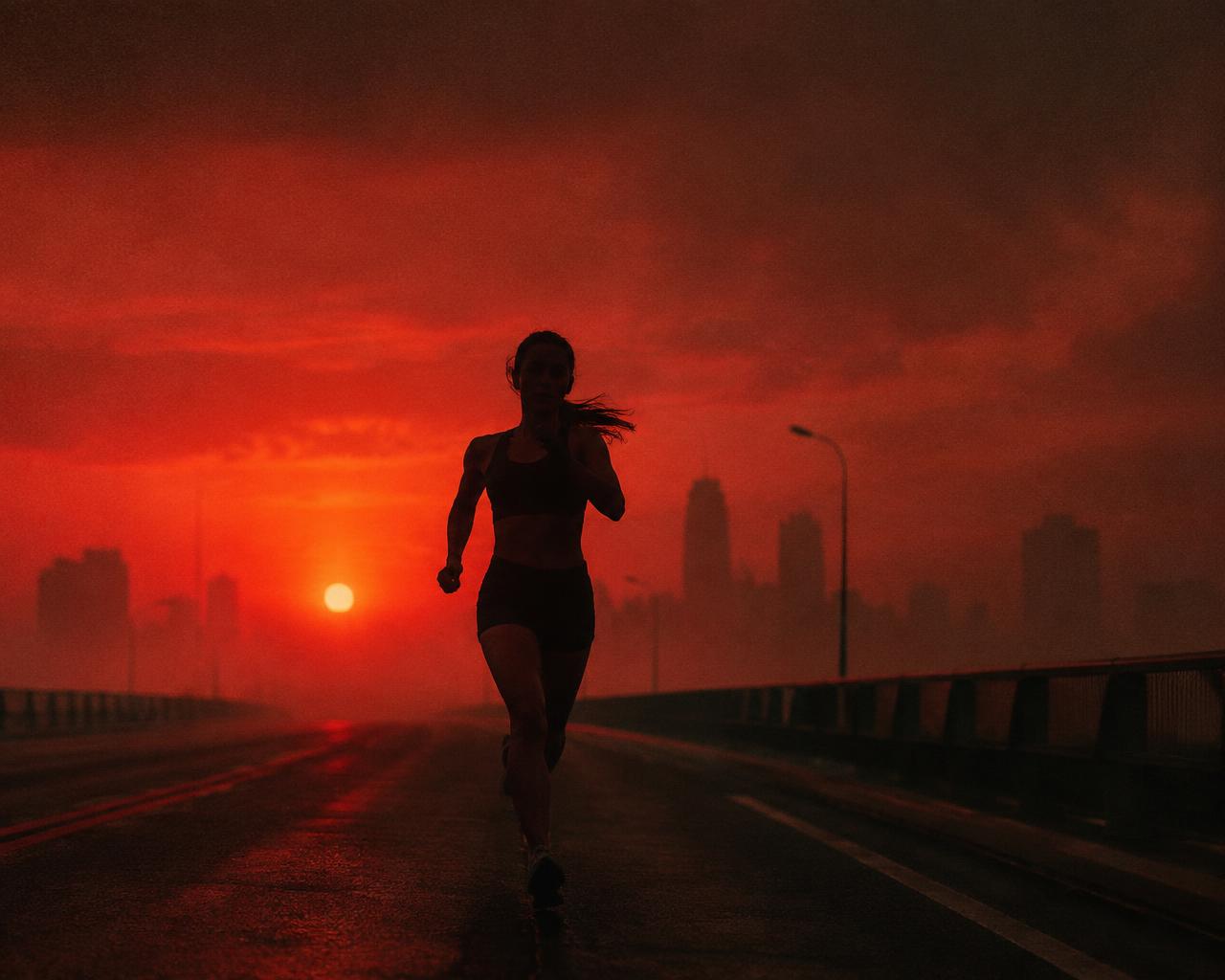 Woman running across a bridge at sunrise